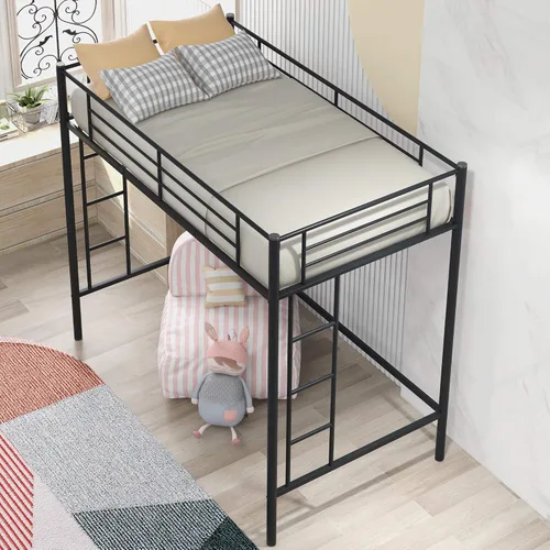 Vista 4 de Cama alta individual para niños, marco de cama alta resistente con 2 escaleras y barandillas de protección, cama alta moderna para dormitorio
