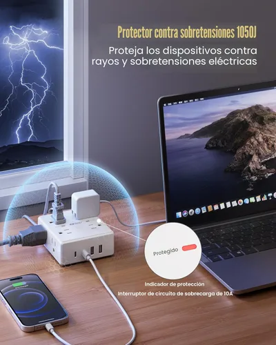 Vista 6 de Cable de extensión de 10 pies con múltiples tomas, tira de alimentación con protector de sobretensiones de enchufe plano, cable de 10 pies de largo