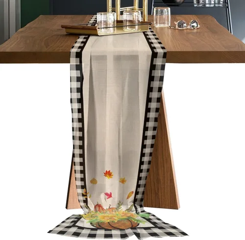 Plaid Pumpkin Sunflower Chiffon Table Runner 55 Inches Long, Voile Sheer Tulle Runner for Rustic Wedding Reception Bridal Shower Decorations