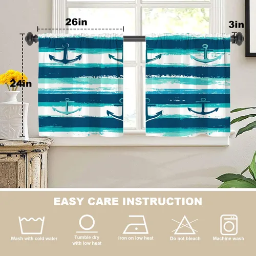 Vista 5 de Maritime Ocean Cafe Curtains,Anchors Nautical Art Blackout Tier Curtain Multilayer Polyester Short Kitchen Drapes 2 Pack 26X24 Inches