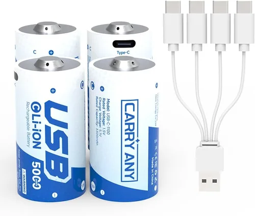Vista 3 de Baterías recargables de litio C, 1 paquete, baterías de celda C/lr14 de 1.5 V con cable de carga USB-C, alta capacidad de 5000 mWh, batería de iones