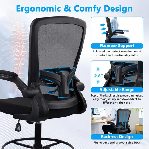 Vista 6 de Silla de redacción alta, sillas altas con reposabrazos abatibles, silla de escritorio ergonómica ejecutiva de malla con reposapiés ajustable