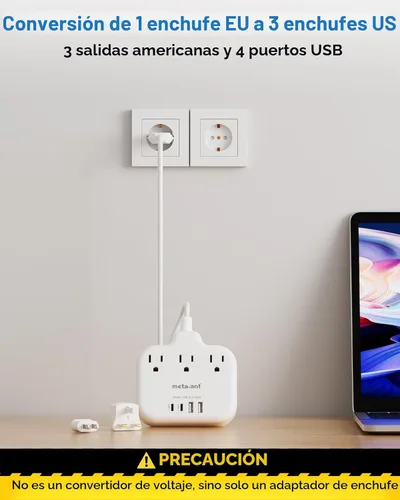 Vista 4 de Adaptador de enchufe de viaje europeo, adaptador de enchufe estadounidense a europeo con 3 tomas de corriente americanas y 4 USB, cable