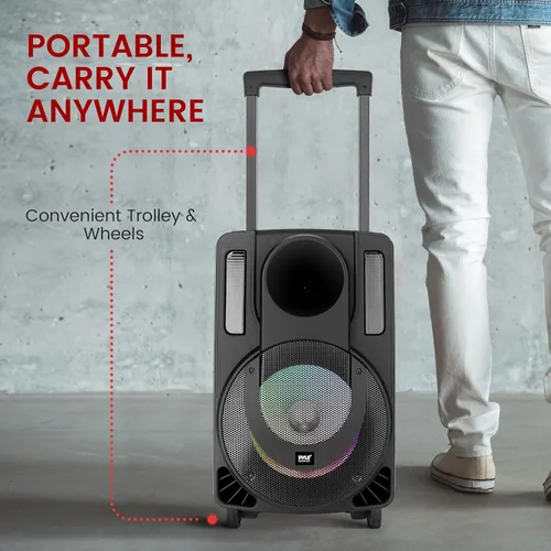 Vista 7 de Pyle Sistema de altavoces PA portátil de 8 pulgadas, altavoz PA y karaoke de 280 vatios con dos micrófonos inalámbricos y 1 con cable, transmisión