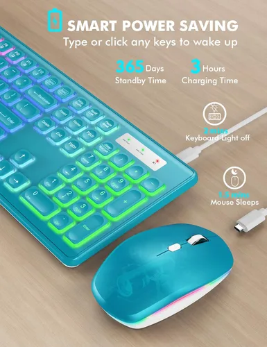 Vista 3 de Combo de Teclado y Mouse Inalámbricos, Retroiluminación RGB, Recargable y Letras Iluminadas, Tamaño Completo, Escritura Suave, Modo de Reposo, Set