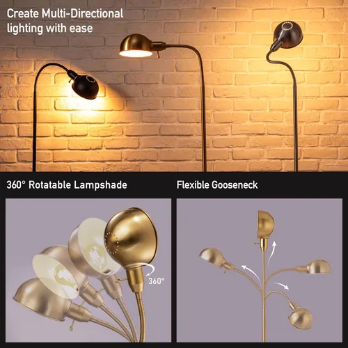 Vista 2 de O'Bright Nova - Lámpara de pie ajustable con cuello de cisne flexible y pantalla giratoria, enchufe E26, base de 10 pulgadas, ideal para leer, Latón