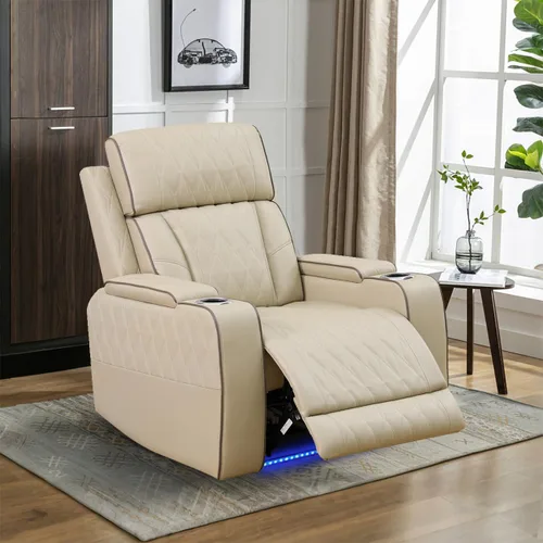 Vista 7 de Juego de sofá modular reclinable eléctrico para sala de estar, juego de sofá reclinable de cuero con luces LED / almacenamiento oculto, sofá en Beige