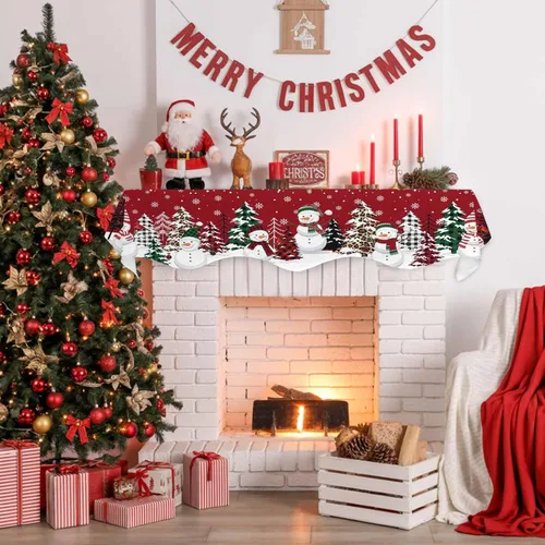 Vista 5 de Bufanda de chimenea de muñeco de nieve de Navidad, diseño de árboles de Navidad rojos, copos de nieve de invierno, bufandas de chimenea de nieve