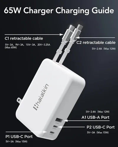 Vista 4 de Cargador de 65 W para MacBook Pro, enchufe de cargador de pared retráctil 5 en 1 para iPhone Blanco