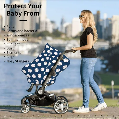 Vista 4 de Funda de asiento de coche de béisbol azul para bebé, fundas de lactancia materna, funda multiusos para asiento de automóvil, cubierta de cochecito