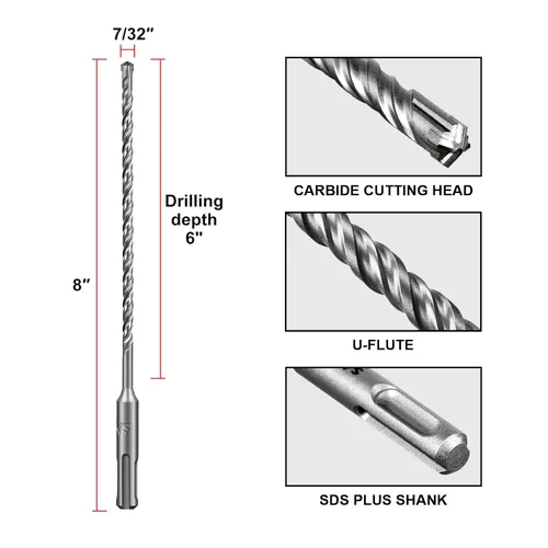 Vista 2 de SALI SDS Plus - Broca de martillo giratorio, 10 piezas de 7/32 x 8 pulgadas, kit de broca de concreto de tipo cruzado, material de carburo de doble