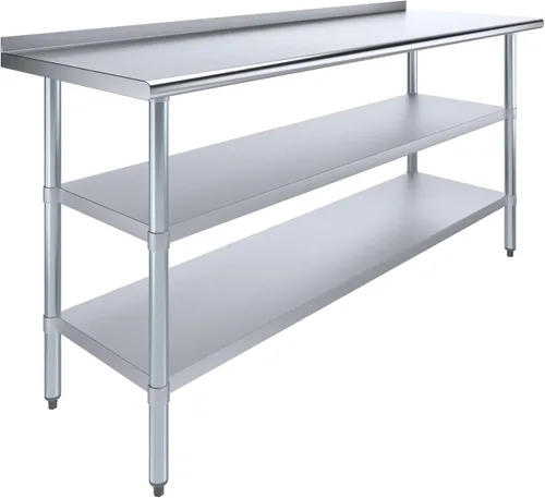 Vista 16 de AmGood Mesa de trabajo de acero inoxidable con protector contra salpicaduras de 1.5 pulgadas y 2 estantes Mesa de cocina de metal para preparación