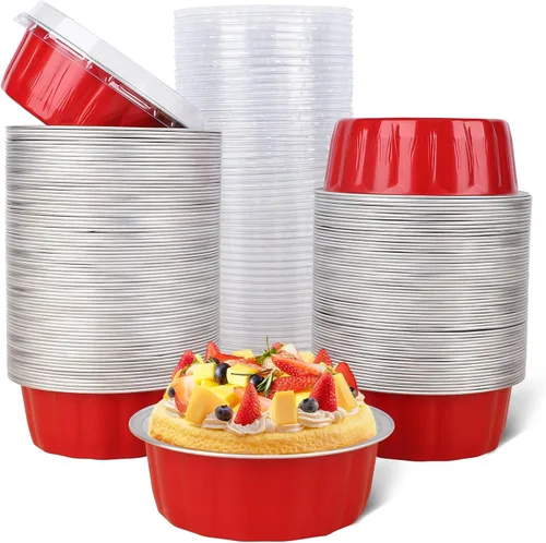 Vista 30 de Beasea Tazas de Ramekin de Aluminio con Tapa, 50 Unidades 6.1oz 180ml Mini Ramekins Desechables de Aluminio para Horno, Tazas Redondas para Cupcakes
