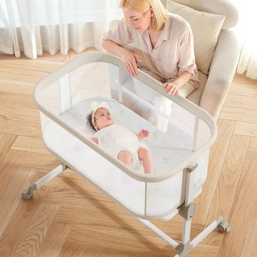 Fodoss Cuna para Bebé al Lado de la Cama - Cuna con Malla Completa al Lado de la Cama con Ruedas, Cuna para Bebé Ajustable en 7 Alturas para