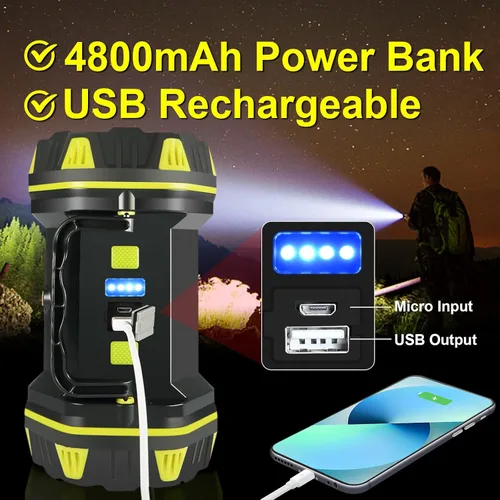 Vista 4 de Linterna LED para camping, linterna recargable, portátil, súper brillante, luz de emergencia al aire libre, lámpara de búsqueda impermeable