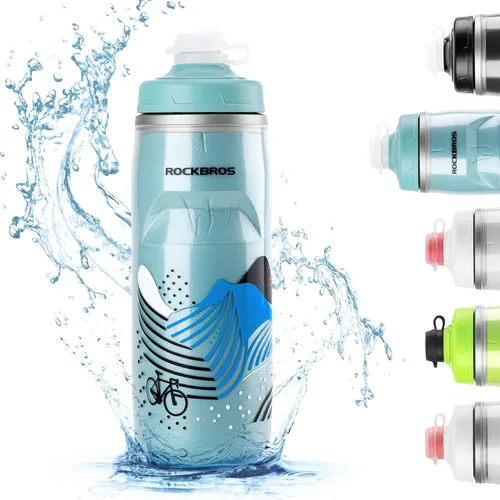 Vista 14 de ROCKBROS Botella de agua para bicicleta de 21 onzas, botella de agua para bicicleta para 5 horas de aislamiento, botella de agua deportiva