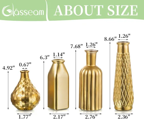 Vista 6 de Glasseam - Jarrón dorado de vidrio para flores: pequeños jarrones de vidrio para centros de mesa de la sala de estar y la mesa de la cocina, 4