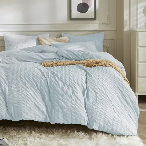 Vista 19 de JELLYMONI Funda de Edredón Color Caqui Tamaño King, Juego de Ropa de Cama de Microfibra Lavada de 3 Piezas, Juego de Funda de Edredón de Seersucker