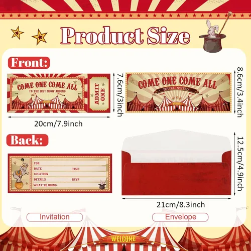 Vista 2 de Fuutreo 50 invitaciones de fiesta de circo con sobres, invitaciones vintage de carnaval, cumpleaños, invitaciones de doble cara para fiesta