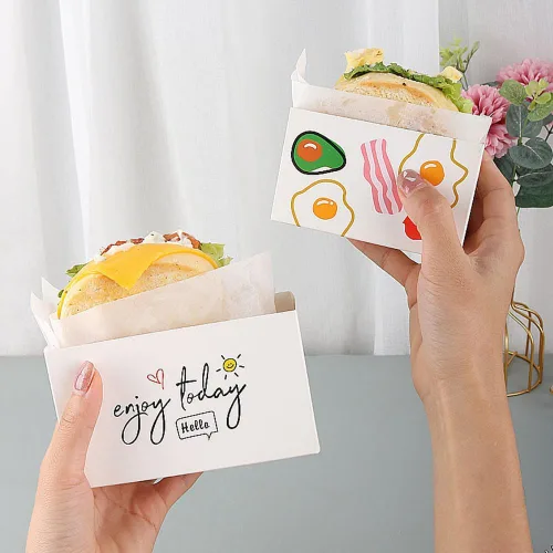 Vista 5 de Paquete de 50 recipientes de papel para llevar, mini cajas de hamburguesas, cajas de sándwich para llevar con 50 hojas de papel de aceite