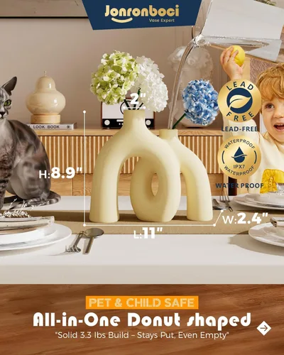 Vista 3 de Hug Donut - Juego de jarrones decorativos, jarrón beige, jarrones de estilo nórdico bohemio moderno, decoración del hogar, decoraciones de cerámica