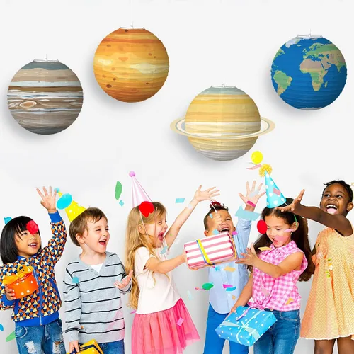 Vista 5 de 8 linternas de planetas de papel 3D de gran tamaño para decoración de fiesta de cumpleaños de niños con temática de astronautas, espacio exterior