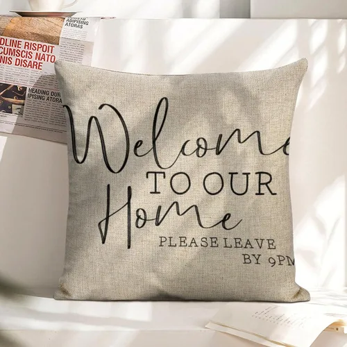 Vista 6 de Funda de almohada de 18 x 18 pulgadas con texto en inglés "Welcome to Our Home Please Leave by 9 Pm, funda de almohada decorativa para exteriores