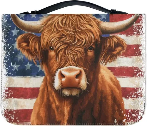 Cozeyat American Flag Bible Cover Large Size Church Study Book Carrying Bag Highland Cow Bible Protective Case with Handle and Zippered Pocket for