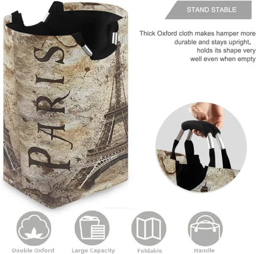 Vista 3 de visesunny Cesta de lavandería de gran capacidad, estilo retro, torre Eiffel, París, resistente al agua, tela Oxford, cestas de almacenamiento
