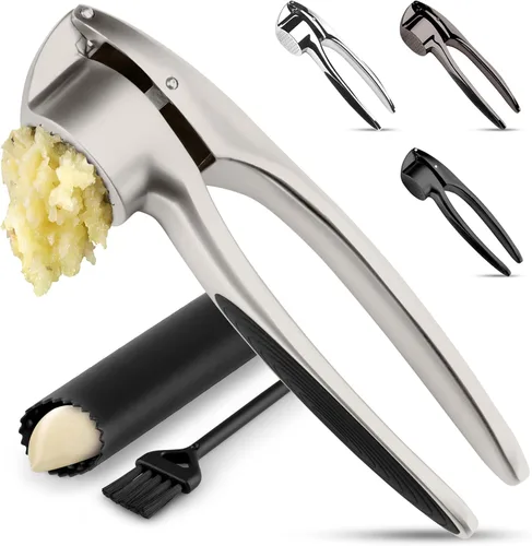 Vista 31 de Zulay Kitchen - Prensa de ajo prémium con mango suave y fácil de apretar, con pelador de ajo de silicona y cepillo de limpieza, de 3 piezas