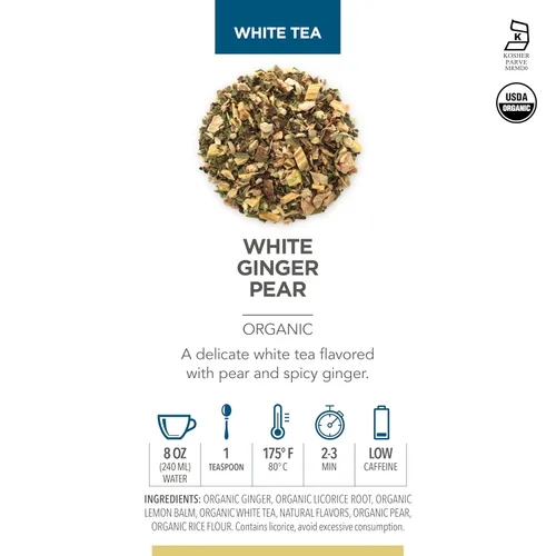 Vista 3 de Teabloom Té blanco orgánico, té de hoja suelta de pera de jengibre blanco, té blanco distintivo y delicado, certificado orgánico y certificado