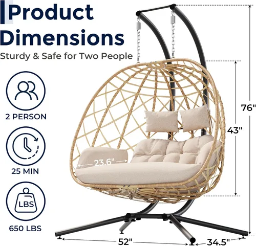 Vista 3 de SWITTE Silla columpio de huevo colgante doble al aire libre con soporte y 2 Asientos-crema