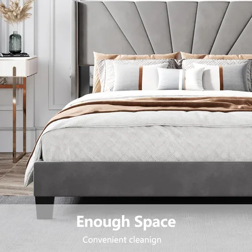 Vista 5 de Base de cama de plataforma tamaño Queen con cabecera tapizada de terciopelo y soporte de listones de madera, cama y cabecera tamaño Queen, no Gris