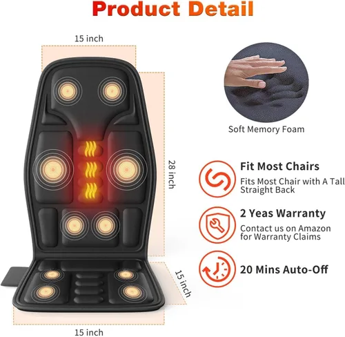 Vista 6 de SLOTHMORE Masajeador de espalda para silla con calor, almohadilla masajeadora para silla reclinable con 8 vibraciones, cojín de asiento