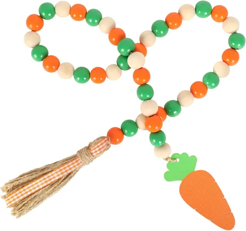 Whaline Guirnalda de cuentas de madera de Pascua con borla, adorno de zanahoria, rústico, granja, cuentas de madera natural, decoración colgante