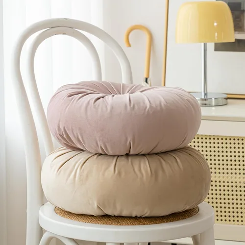 Vista 7 de Almohada redonda de terciopelo de color liso, almohada de piso de calabaza, decoración del hogar, cojín redondo plisado para sofá, silla, cama