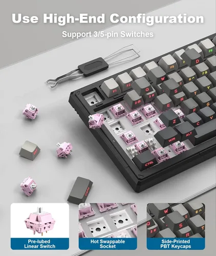 Vista 6 de Teclado mecánico inalámbrico para juegos, 8000mAh -Tri-Mode BT5.02.4GHzUSB-C 75% teclado personalizado intercambiable en caliente, retroiluminación