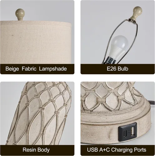 Vista 4 de Lámparas de Mesa de Estilo Granja para Dormitorio, Juego de 2, Lámpara de Noche Rústica de 28 pulgadas con Puertos USB, Lámpara de Mesa de Noche