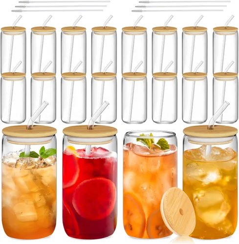 Vista 8 de 12 vasos de vidrio con tapas y pajitas de bambú, vaso de vidrio
