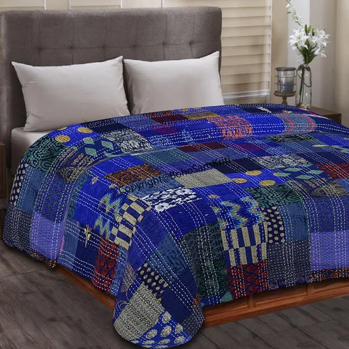Vista 12 de Boho Sanskriti Colcha de seda india Kantha de retazos de seda tamaño Queen Twin Patola Colcha