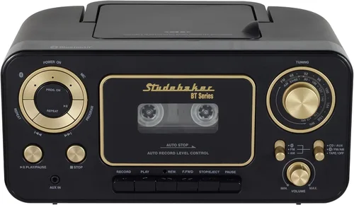 Vista 2 de Studebaker CD estéreo portátil Bluetooth, radio estéreo AMFM y reproductor de cassettegrabadora (negro y dorado)
