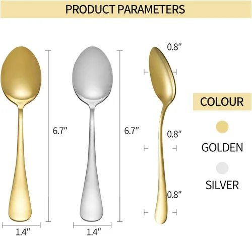 Vista 2 de Xingjiake Juego de 12 cucharas doradas y plateadas brillantes, cuchara de postre, cucharas de cubiertos de acero inoxidable, cucharada para sopa