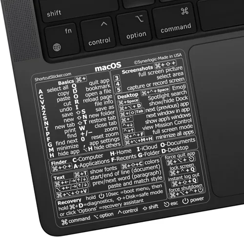 Vista 14 de Synerlogic Pegatina de accesos directos de Mac OS Calcomanías de teclado para macOS Hoja de trucos de vinilo laminado para MacBook para Negro