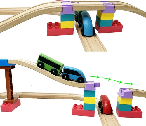 Vista 3 de Accesorios de madera para rieles de tren, 16 piezas de conectores de madera para riel, compatibles con todas las marcas principales, regalo