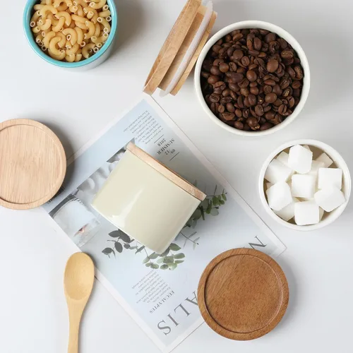 Vista 6 de Botes de Cocina Sweejar Tarro de Cerámica para Almacenamiento de Alimentos, Contenedores Apilables con Tapa de Madera de Sellado Hermético