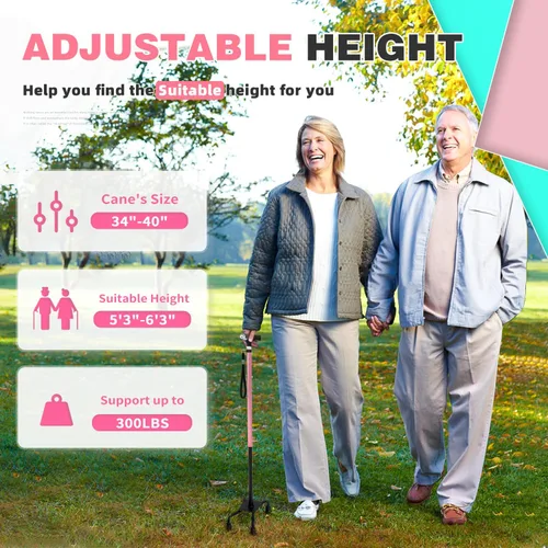 Vista 6 de Bastón BeneCane de cuatro puntas con dos luces LED con base grande, mango en T y ligereza, bastón ajustable para caminar de cuatro puntas resistente