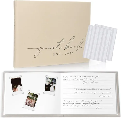 Libro de invitados de boda con año 2025 personalizado – Libro de visitas de fotos de lino para firmar en la fiesta de recepción – Incluye esquinas