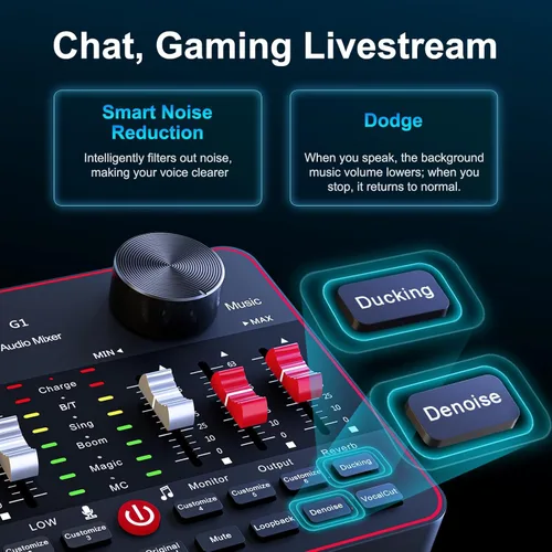 Vista 5 de Paquete de micrófono para podcast con mezclador de audio de tarjeta de sonido en vivo, paquete de equipo de podcast con dos micrófonos