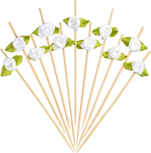 Vista 15 de Minisland Palillos de cóctel de flores de rosa rosa, palillos de bambú de 4.7 pulgadas de largo para aperitivos, decoración de despedida de soltera