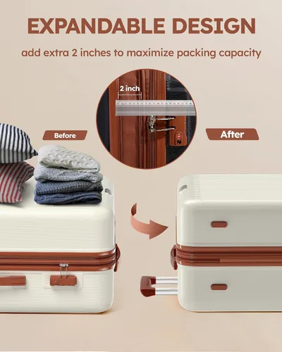 Vista 5 de Equipaje de lados duros con ruedas giratorias, maletas expandibles con bloqueo TSA (24 pulgadas a cuadros, mediano, marrón blanco)